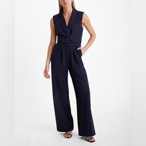 Express Women Sleeveless Padded Shoulder Belted Wide Leg Blazer Jumpsuit Blue L
